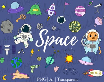 35 Outer Space Vector Clipart| Space Doodles | Space Clipart | Space Icons | Space cat astronaut clipart