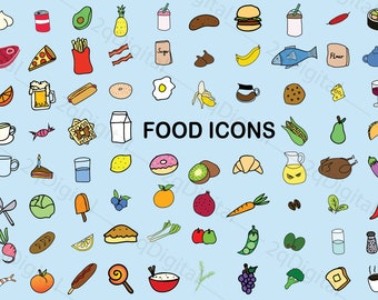 Hand Drawn Food Clipart Digital Download | 84 Food Icons | Food vector icons | Food icons | Food doodles hand drawn clipart