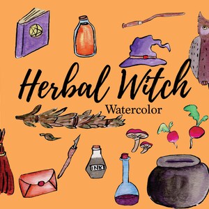 May include: Watercolor illustration of a herbal witch theme with a broom, a book, a bottle of ink, a potion bottle, a cauldron, a witch's hat, a bundle of herbs, a radish, mushrooms, an owl, and a quill pen. The text "Herbal Witch Watercolor" is included in the image.