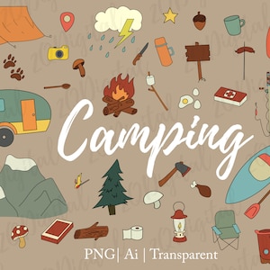 40 Camping Vector Clipart | Retro Camping Doodles | Camping Clipart | Camping Icons | Glamping clipart