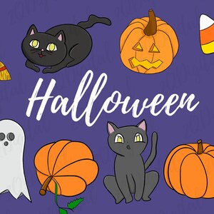 Halloween Clipart | Black Cat Clipart | Jack-O&#39;-Lantern Clipart | Candy Corn Clipart | Handrawn Clipart