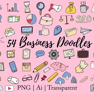 54 Business Doodles | Retro Colors Business Doodles | Business Vector Clipart | Social Media Vector Icons | Cellphone Clipart