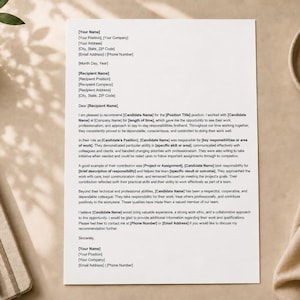May include: A white A4-sized document featuring a professional recommendation letter template with bracketed placeholders for contact information, recipient details, and specific candidate achievements, printed in black text on a clean white sheet.