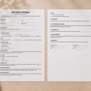 May include: A two-page Basic Rental Agreement document printed on white paper with black text. The form includes sections for parties, property details, tenancy length, rent, security deposit, utilities, and signatures for both landlord and tenant.