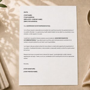 May include: A white letter template printed with black text titled as a request for reasonable accommodation. The document includes placeholders for names, addresses, and employer details, alongside a formal request for workplace adjustments.