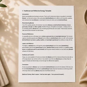 May include: A white paper document titled 1. Traditional and Reflective Eulogy Template with black printed text sections including Introduction, Remembering, Personal Reflections, Legacy and Influence, Gratitude and Comfort, and Conclusion.