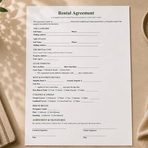Può includere: Un documento stampato di contratto di locazione su carta bianca che include sezioni per locatore, conduttore, unità immobiliare, durata del contratto, dettagli di pagamento, utenze, regole della casa e firme con spazi vuoti.