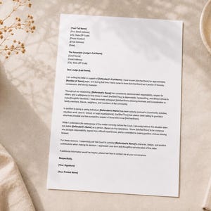 May include: A white letter template printed on paper featuring placeholders for contact information, a judge's name, and a formal character reference statement. The document includes bracketed text fields for names, dates, and years to be filled in by the user.