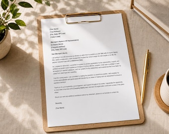 May include: A brown wooden clipboard holding a white sheet of paper with a printed retirement letter template. The document includes placeholders for names, addresses, dates, and job titles. A gold pen rests beside the clipboard on a light surface.