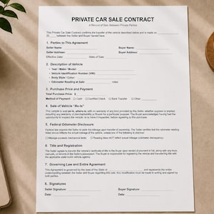 May include: A white document titled Private Car Sale Contract with sections for parties, vehicle description, purchase price, as-is sale terms, federal odometer disclosure, title registration, governing law, and signature lines for seller and buyer.