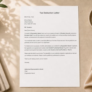 May include: A white document titled Tax Deduction Letter with placeholders for donor information, organization name, donation amount, and date. The letter includes formal text regarding tax-exempt status and concludes with a signature area for an authorized representative.