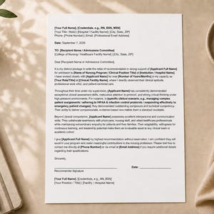 Könnte beinhalten: Eine weiße Vorlage für ein Empfehlungsschreiben zur Zulassung an einer Krankenpflegeschule auf Papier gedruckt. Das Dokument enthält Platzhalter für Kontaktinformationen, Daten, Empfängerdetails und den Empfehlungstext.