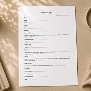 May include: A white sheet of paper featuring a printed Promissory Note template with blank lines for borrower and lender details, payment schedule, interest rate, and signatures, centered on a neutral surface with office stationery items.