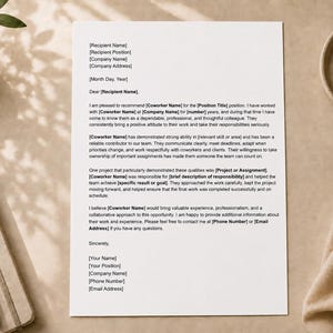 May include: A professional letter of recommendation template printed on white paper with black text. The document includes placeholders for recipient details, coworker information, project descriptions, and sender contact information.