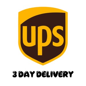 May include: The UPS logo, a shield shape in brown and gold, with the letters "ups" in gold. Below the logo, the text "3 DAY DELIVERY" is written in a playful, rounded font.