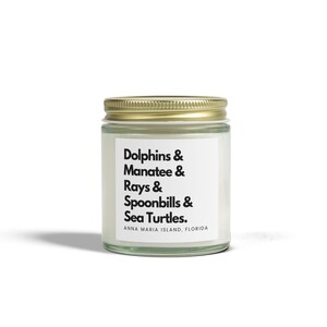 Anna Maria Island Wildlife Candle - Dolphins, Manatees, Rays, Spoonbills, Sea Turtles - Coconut Apricot Wax Florida gift