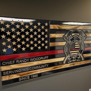 Firefighter Personalized Carved Wooden Logo American Flag with Thin red line, Graduation, Retirement, Firemen, Wooden American flag wall art