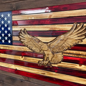 Rustic Wooden American Flag: 3D Engraved Bald Eagle