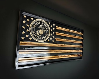 Framed EGA Challenge Coin Display: Black and Natural Wooden American Flag, Military Gift (Licensed)