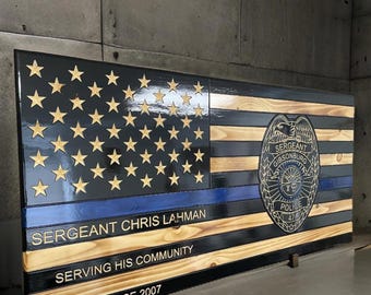 Police personalized Rustic Wooden American Flag, Custom Thin Blue Line Police Flag: Carved Wooden American Flag, Retirement Gift,