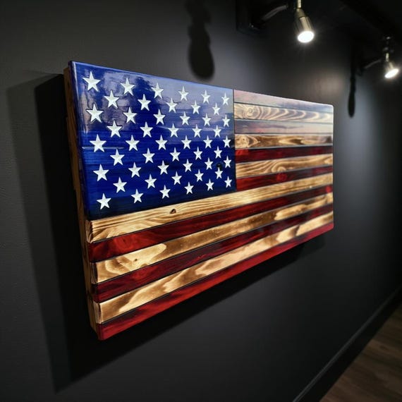 36" X 19" Large Hand-Crafted 100% Made In U.S.A. Wood American Flag Patriotic Wall Art Americana Vintage Colors