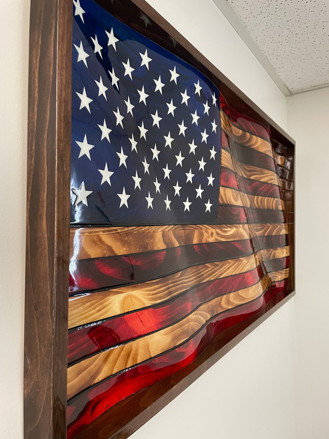 3D Wavy Rustic Wooden American Flag, Waving American Flag, Charred
