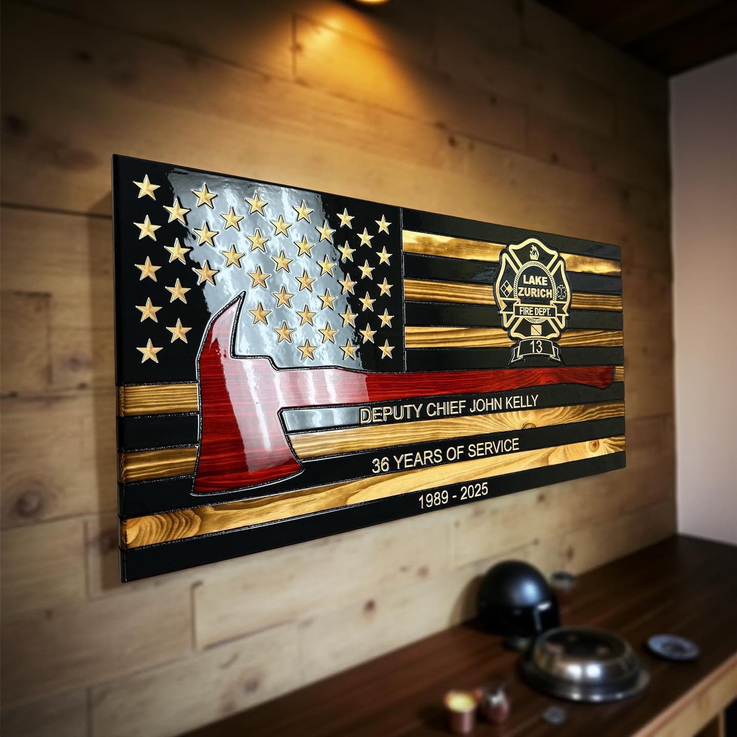 Custom Engraved Firefighter Axe Flag: Thin Red Line, Charred Wood American Flag