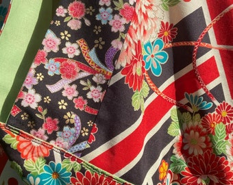 Azuma-tas, origami-tas, draagtas, gemaakt van Japanse stof, met bloemenboeket-, streep- en kleurrijke stippenpatronen.