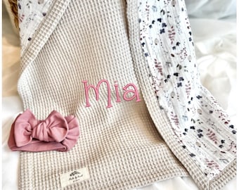 Spersonalizowany kocyk dla dziecka, organiczny bawełniany kocyk dla dziecka z imieniem, haftowany prezent na baby shower dla noworodka, kocyk dla dziecka z waflowym wzorem