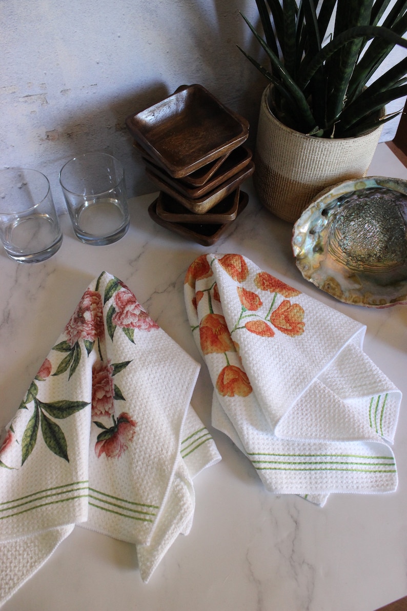 Poppy and Peony Dish Towel Twin Set - 2pk - Kitchen Towel Tea Towel Floral Flower Towel - 16''x24''