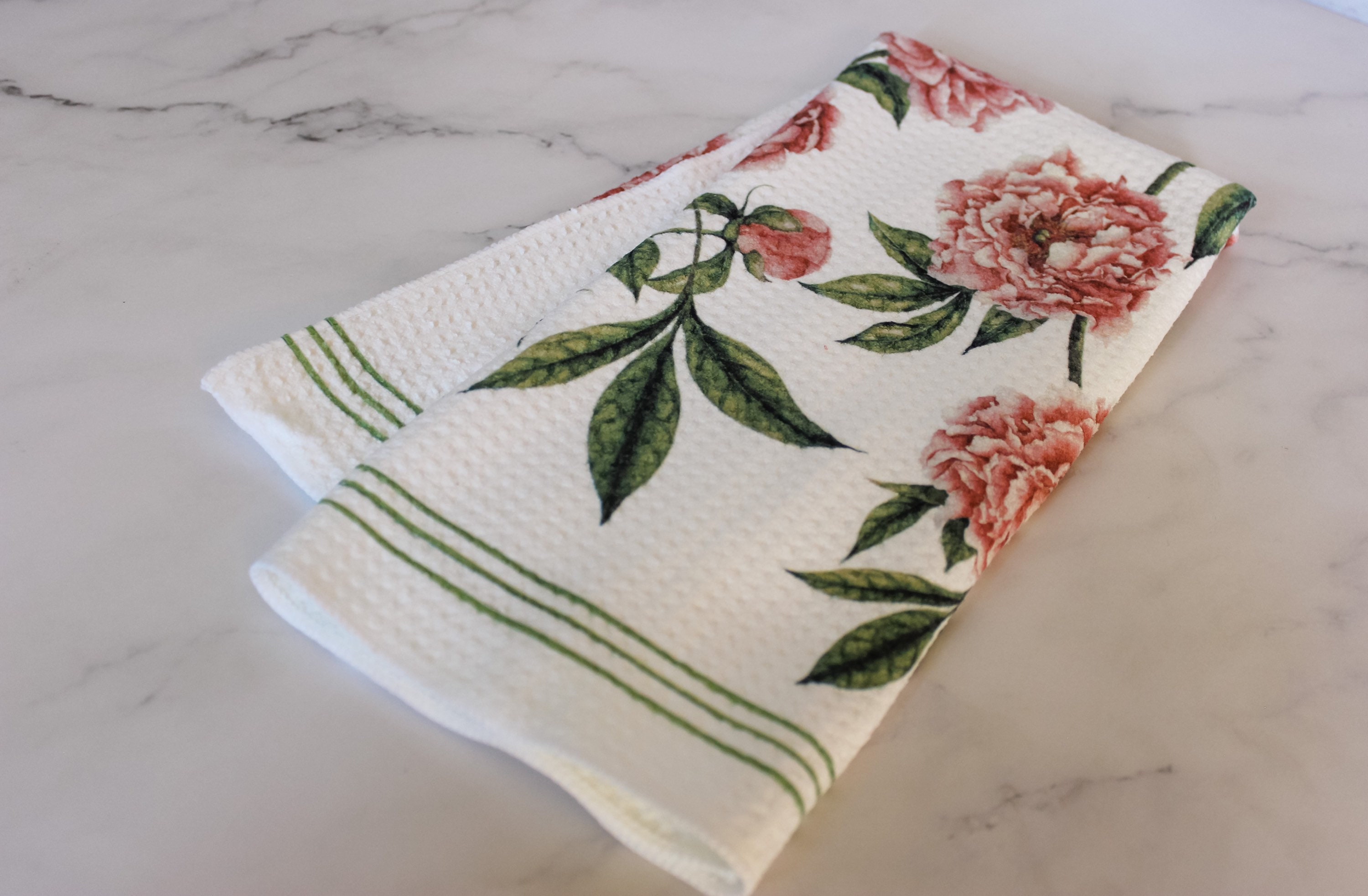 Peony Flower Dish Towel Handmade Kitchen Towel Tea Towel Etsy