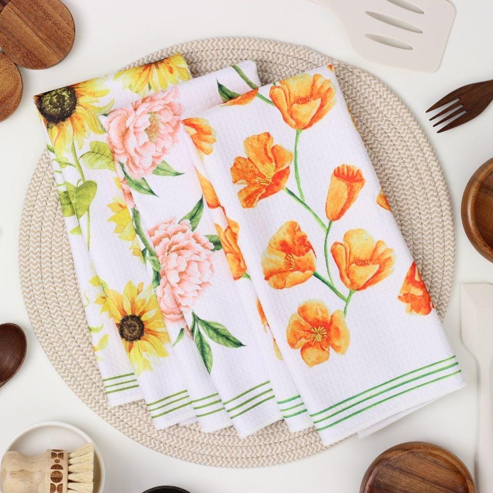 Watercolor Floral Dish Towel Trio - 3pk - Kitchen Towel Tea Towel - 16''x24''