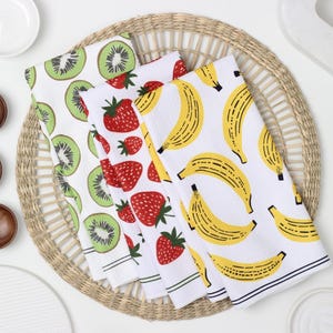 Fruit Salad Dish Towel Trio – Set of 3 Whimsical Illustrated Banana Strawberry Kiwi Fruit Kitchen Dish Towel, Mothers Day Gift, Bright Fun