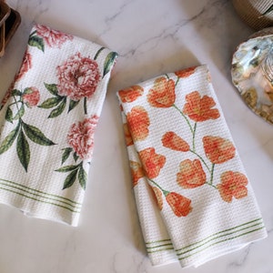 Poppy and Peony Dish Towel Twin Set - 2pk - Kitchen Towel Tea Towel Floral Flower Towel - 16''x24''