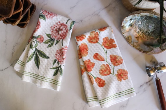 Floral Kitchen Towel set of 2, Flower Themed Kitchen Towels