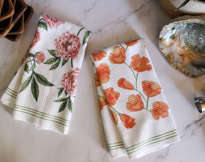 Poppy and Peony Dish Towel Twin Set - 2pk - Kitchen Towel Tea Towel Floral Flower Towel - 16''x24''