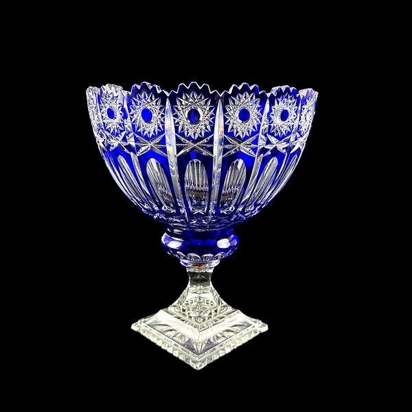 Cobalt Cut to Clear Bohemian Crystal Queen Lace Pedestal Bowl