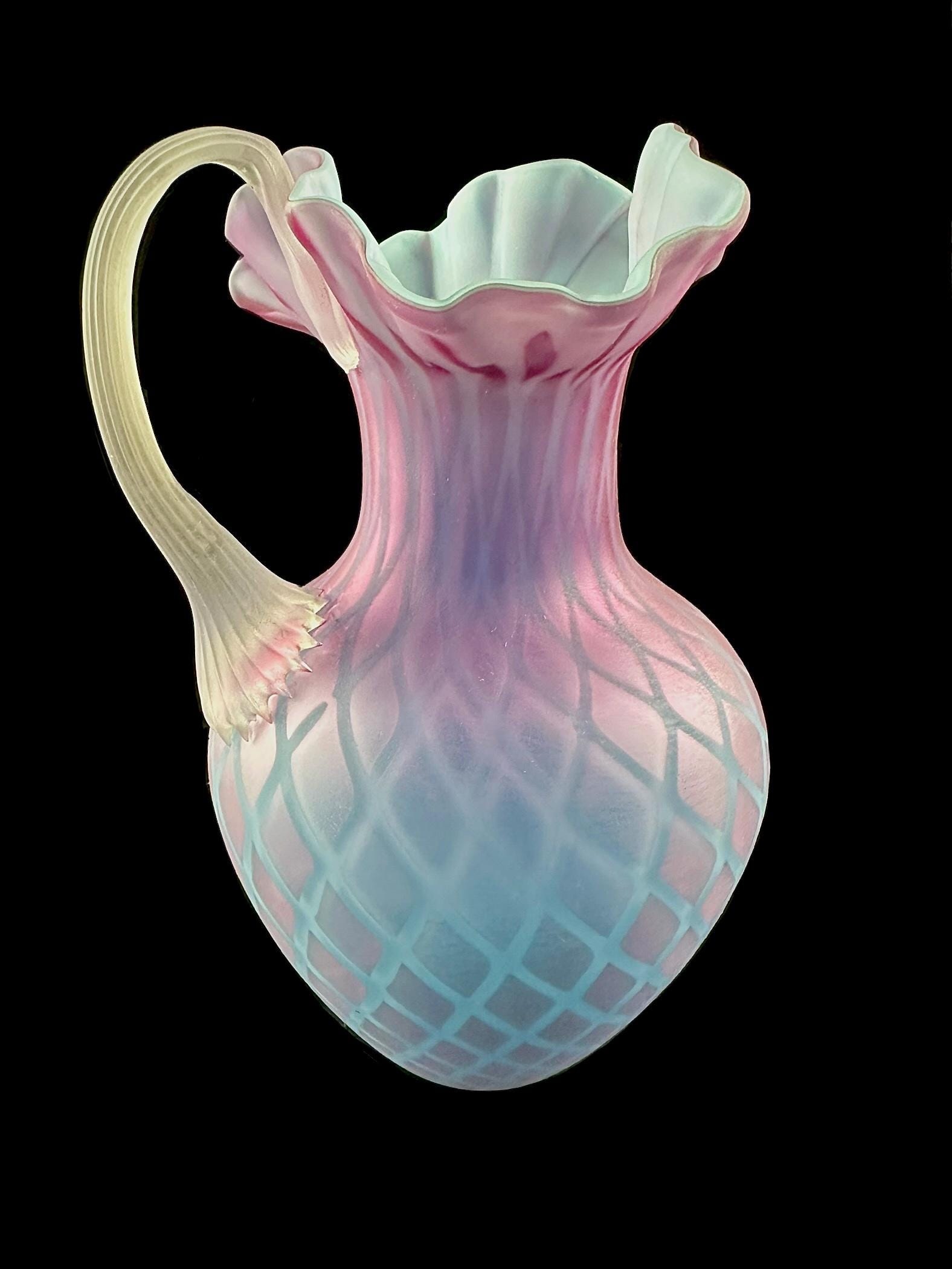 Murano Satin Glass Victorian Diamond Quilted MOP Ruby Over Blue