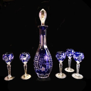 Nachtmann Bleikristall Traube Cobalt to Clear Crystal 7 Piece Decanter Set with Cordial Glasses