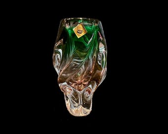 Chribska Glassworks/ Bohemia Green and Pink Propeller Vase With Original Stickers