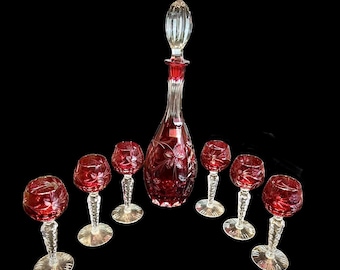 Lausitzer Ruby to Clear Grapes and Criss Cross Crystal Decanter and 6 Cordial Set With Original Label