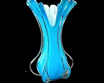 Murano Flared Turquoise and White 12 Inch Cased Glass Vase
