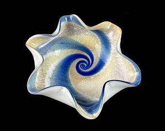 Murano Fratelli Toso Lattimo White and Cobalt Organic Bowl with Gold Aventurine Patches