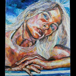 May include: A painting of a woman with long blonde hair, wearing a white necklace. She is looking at the viewer with a thoughtful expression. The background is a blue and green abstract design. The painting is signed "BATYA DAGAN" in the lower right corner.