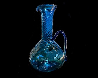 Blenko 7033 Joel Myers Turquoise Optic Swirl Glass Pitcher