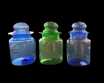 Takahashi for Gumps Cobalt and Green Glass Three Cannister Jar Set