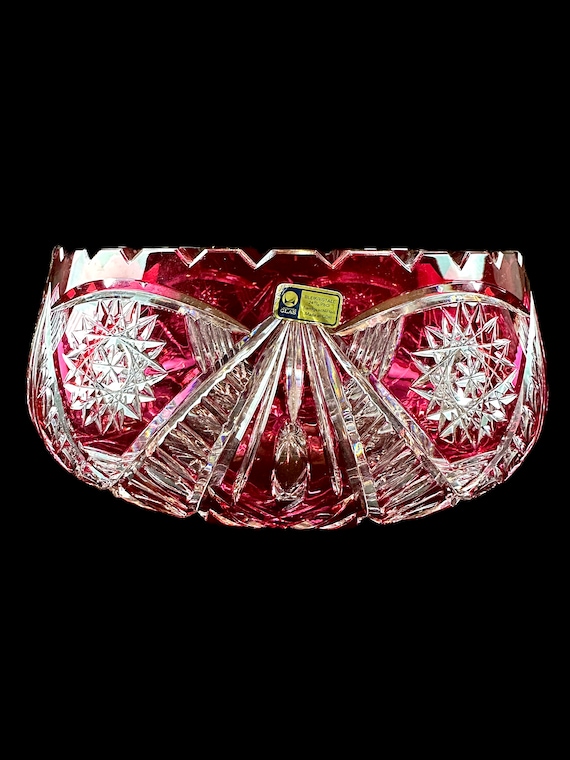 レア旧東ドイツ製LAUITZER CRYSTALカットガラス Lausitzer Cranberry to Clear Crystal Bowl With Scalloped Rim and
