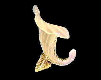 Seguso Murano White Opaline Glass Cornucopia Vase with Gold Flecks