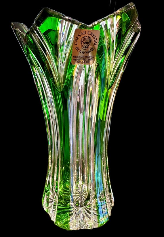 Caesar Crystal Bohemiae Emerald to Clear Lotus Vase With Original