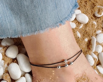 Star Anklet, Anklet for woman, Waxed cotton cord Anklet, Festival Anklet, Beaded Anklet, Adjustable cotton cord Anklet, Anklet, Beach Anklet